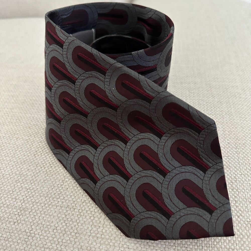 Mens Vintage Silk Tie 100% Silk Geometric Necktie Red/Gray